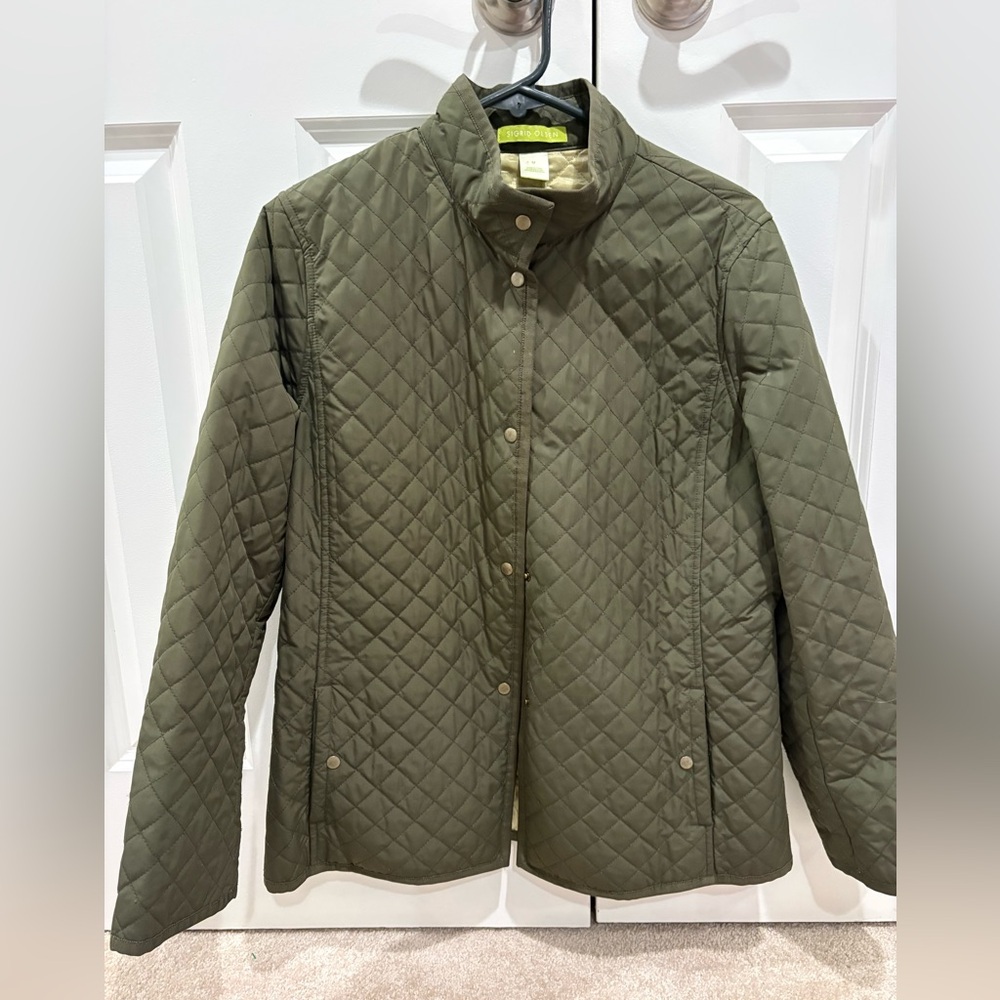Olive Green Quilted Coat Size M Sigrid Olsen - Picture 1 of 4